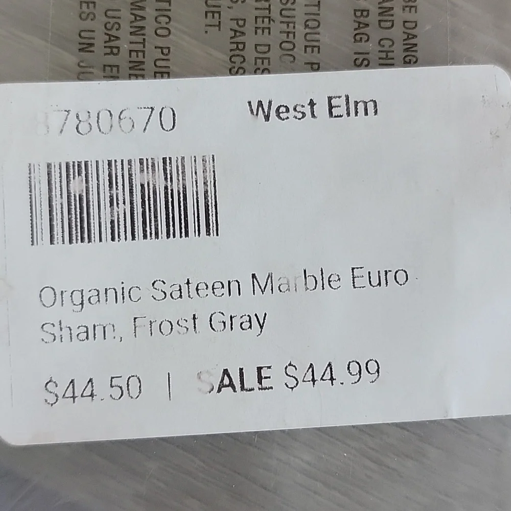 West Elm Euro Sham Organic Sateen Marble Frost Gray
